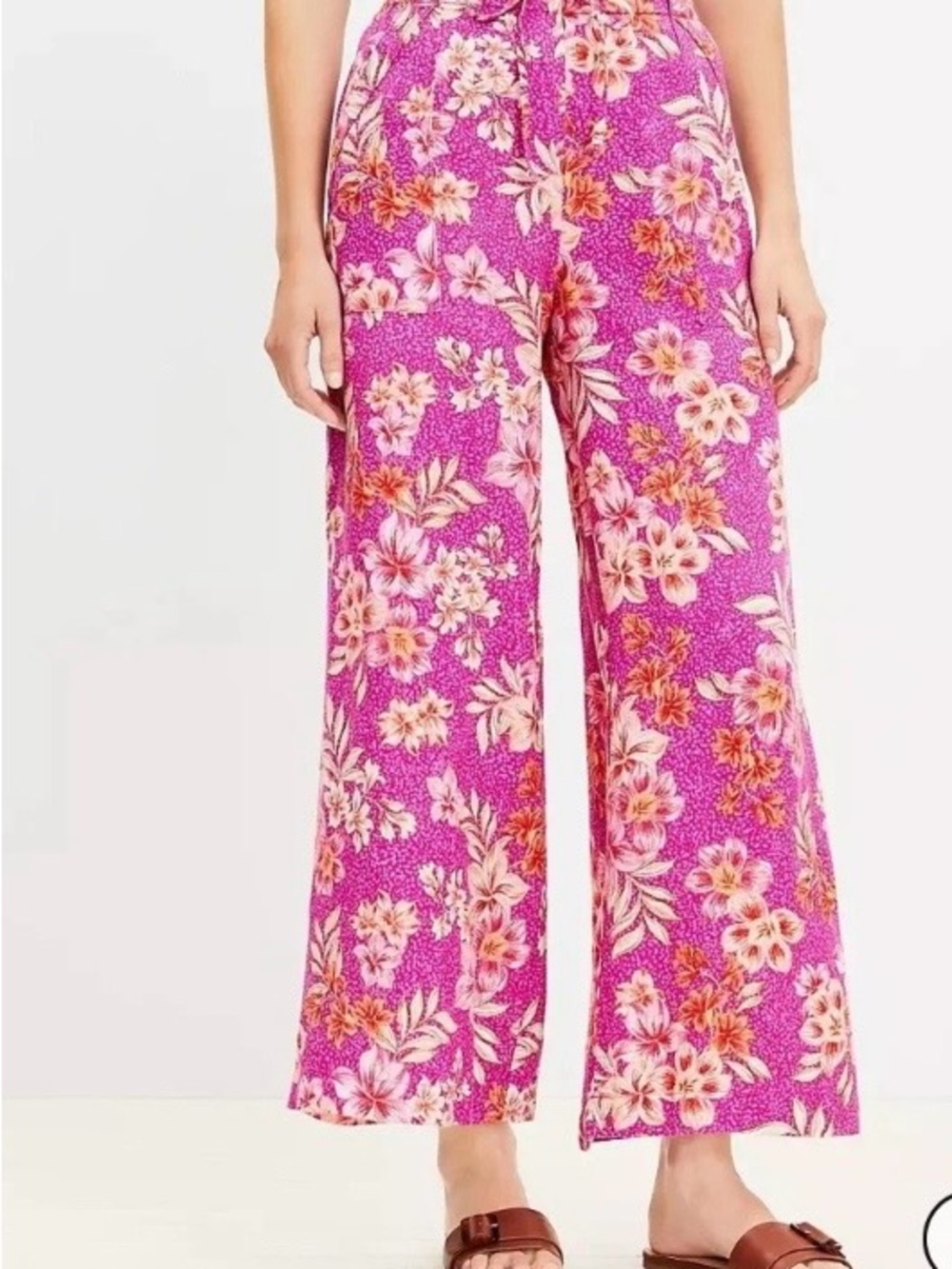 NWT LOFT Women's Floral Linen Blend Wide Leg Pants Size M Pink Tropical Beach